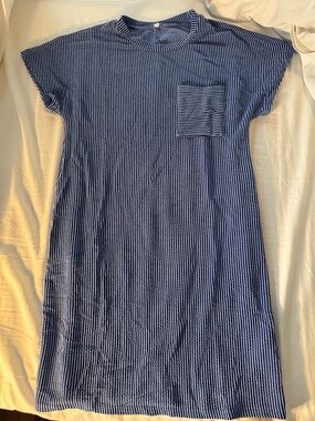 Casual Blue & White Striped Tee Dress with Chest Pocket